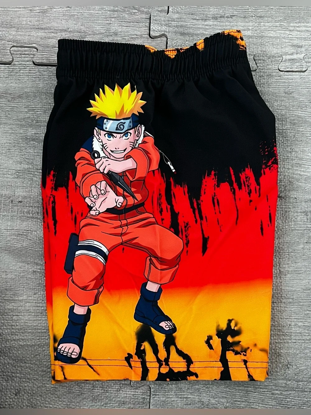 Naruto Uzumaki Anime Graphic Swim Trunks Size 8 Black Red Orange Lined